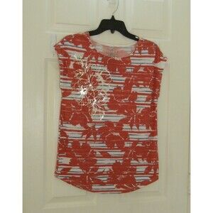 ECLA Red White Blue Patriotic Shirt Floral Print Drop Shoulder NWT